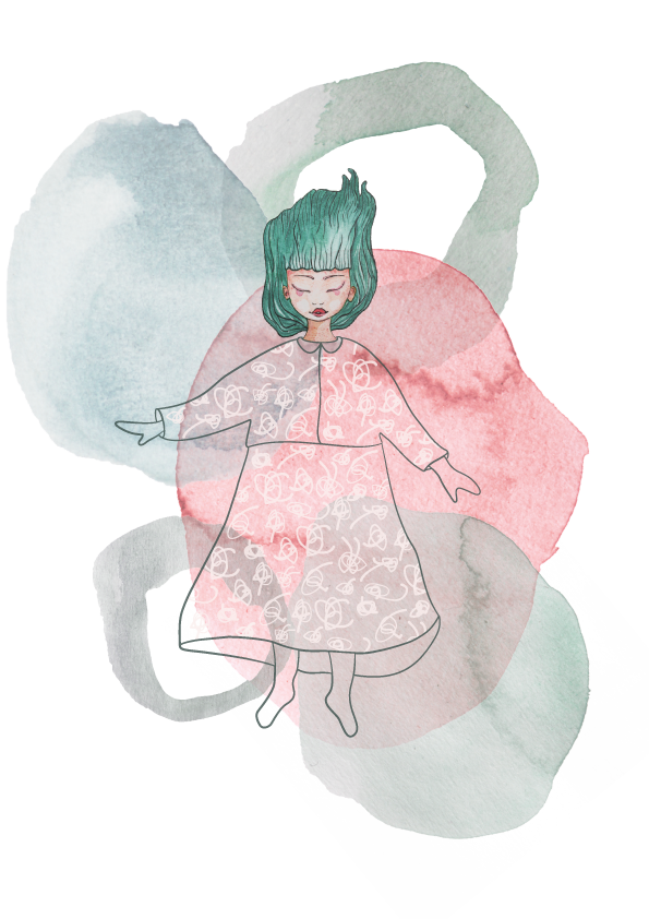 Personnage de Chris Thibli en entière flottant dans une marée d'aquarelles